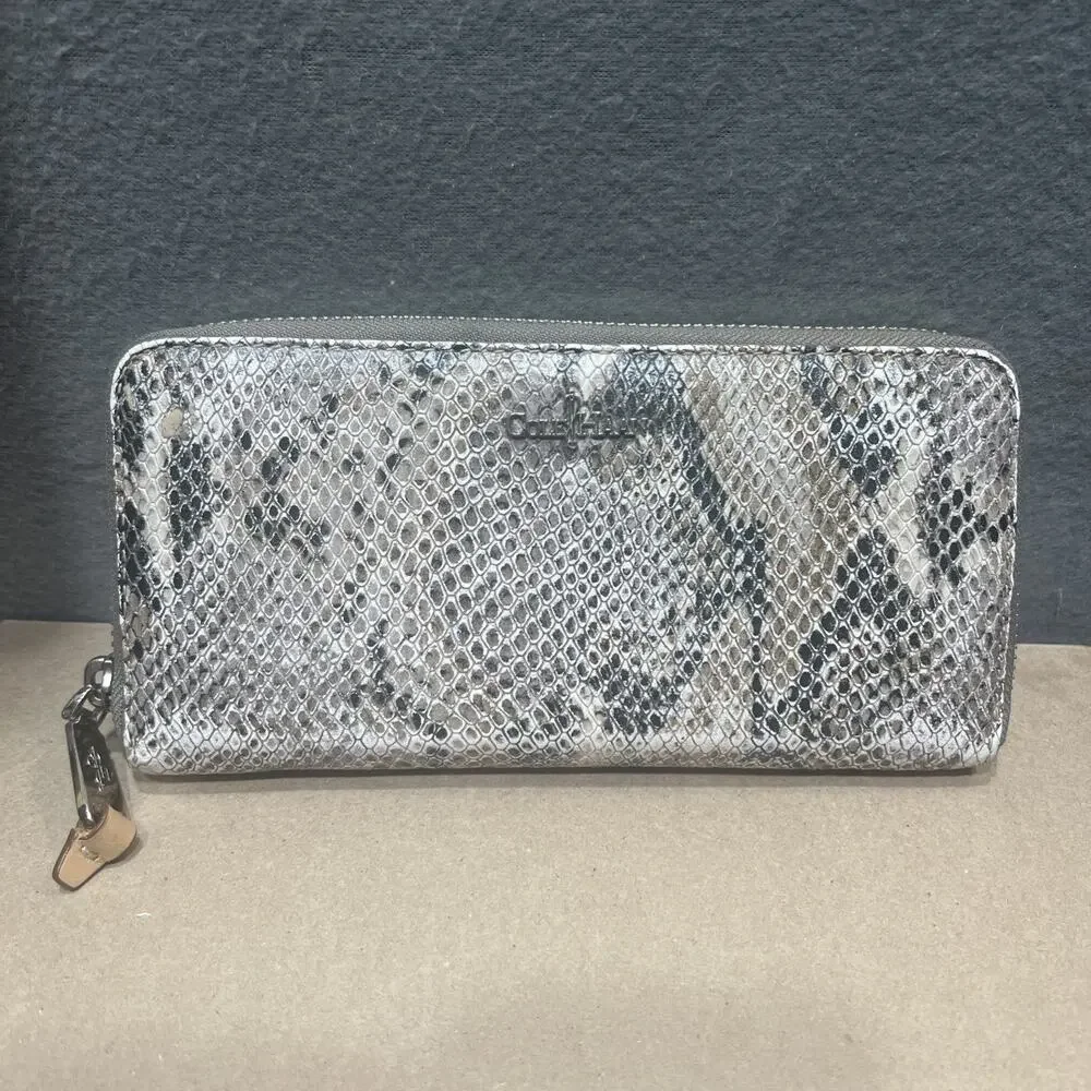 Cole Haan Snakeskin Print Leather Continental Zip Around Wallet 16 Compartments
